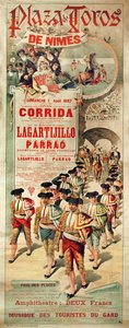 Poster pubblicitario di una corrida alla Plaza de Toros, Nimes, 1 agosto 1897, inciso da J. Ortega